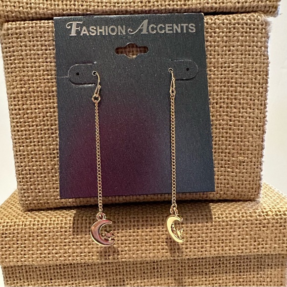 NWT 2 Pair of Fashion Accents Earrings gold tone dangles, moon, rhinestones - Picture 6 of 12